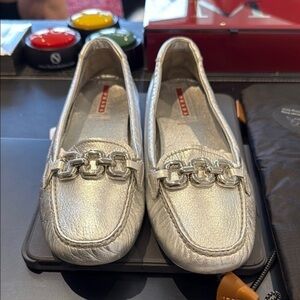 Prada Silver Chain Detail Loafers